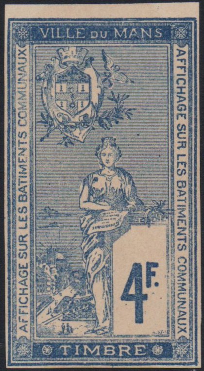 Le Mans : Timbre Fiscal 'Affiches' 1901 : Le Pont en X : Tramway à vapeur : 4 Francs Proof Epreuve